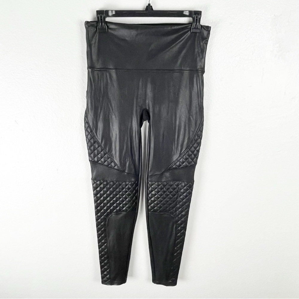 SPANX Black Faux Vegan High Rise Leather Leggings Size Large Biker Moto Grunge